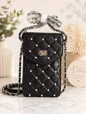 Badgley Mischka Quilted Pearl Stud Phone Crossbody Bag Black NWT